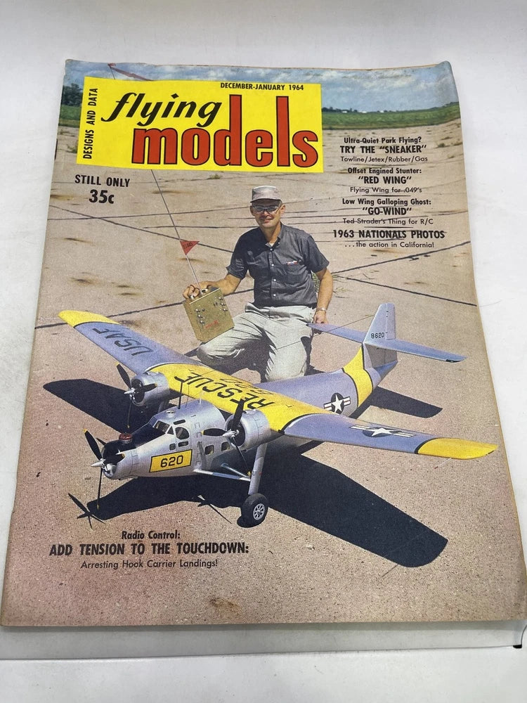 Vintage Flying Models magazine cover with yellow RC airplane and pilot, Dec-Jan 1964