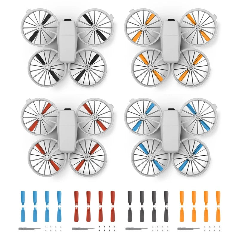 Drone propeller replacement blades with colored tips, set with mounting screws