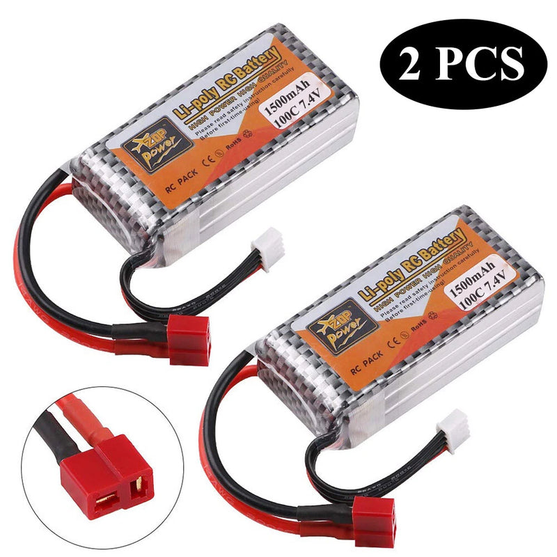 2PCS 7.4V 1500mAh LiPo Battery 100C with T Plug for RC Car Airplane Drone Truck