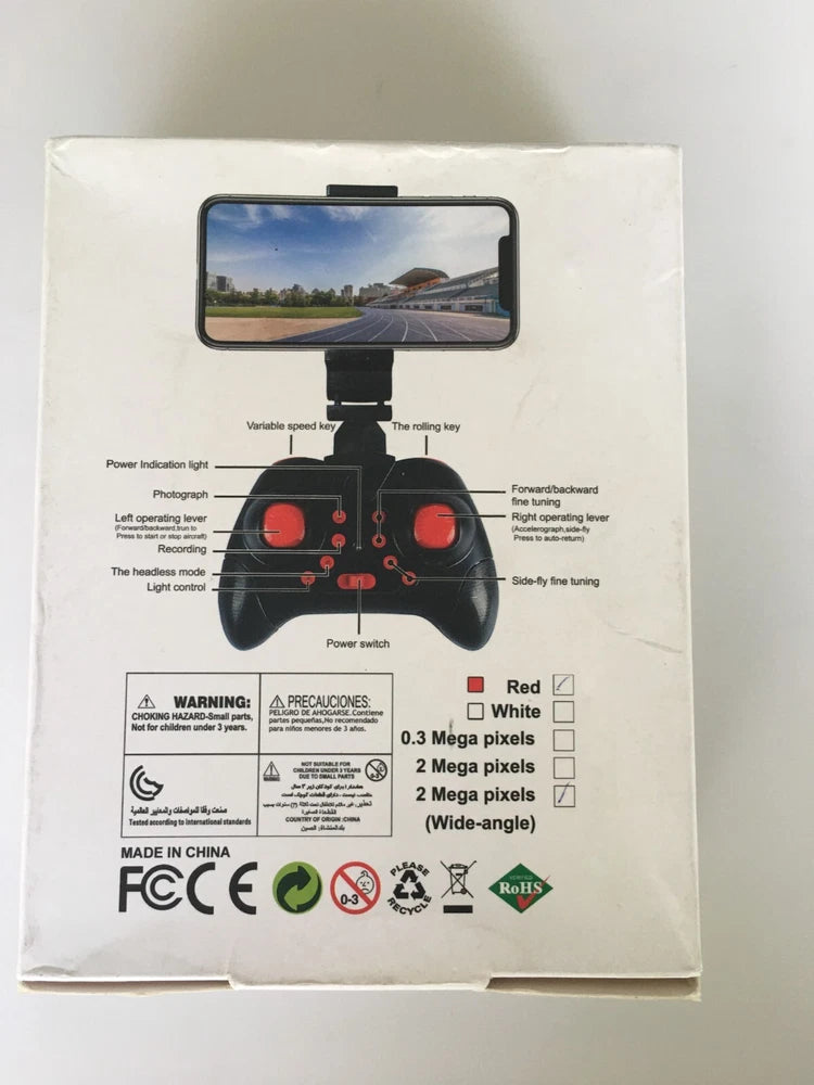 Foldable pocket drone controller box insert with labeled diagram and warning text