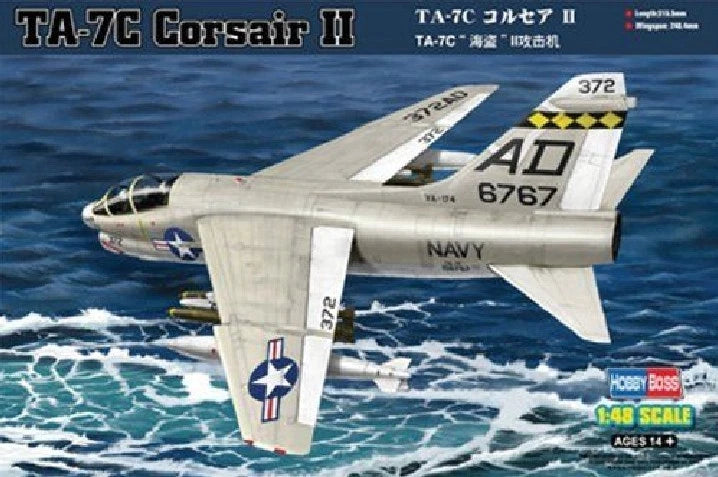 TA-7C Corsair II 1:48 model kit box art of gray fighter jet with wings and tail markings