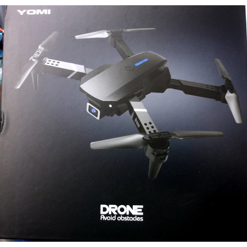 Foldable dark quadcopter drone with four propellers and camera on front body