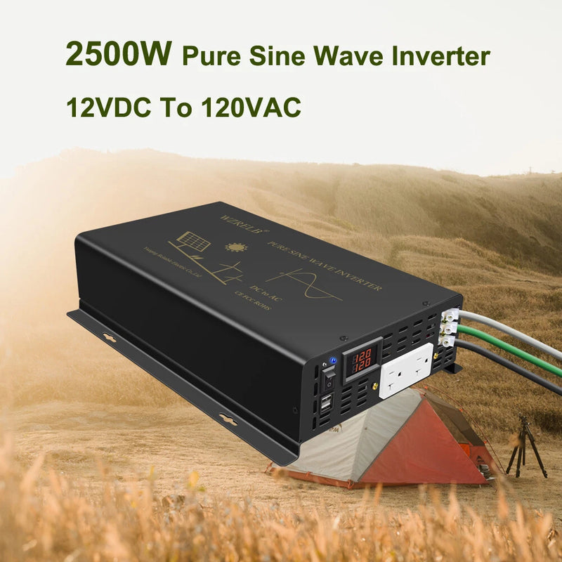 Pure Sine Wave Inverter 2500W 12VDC To 120VAC Off-Grid Solar Power Motor RV USB