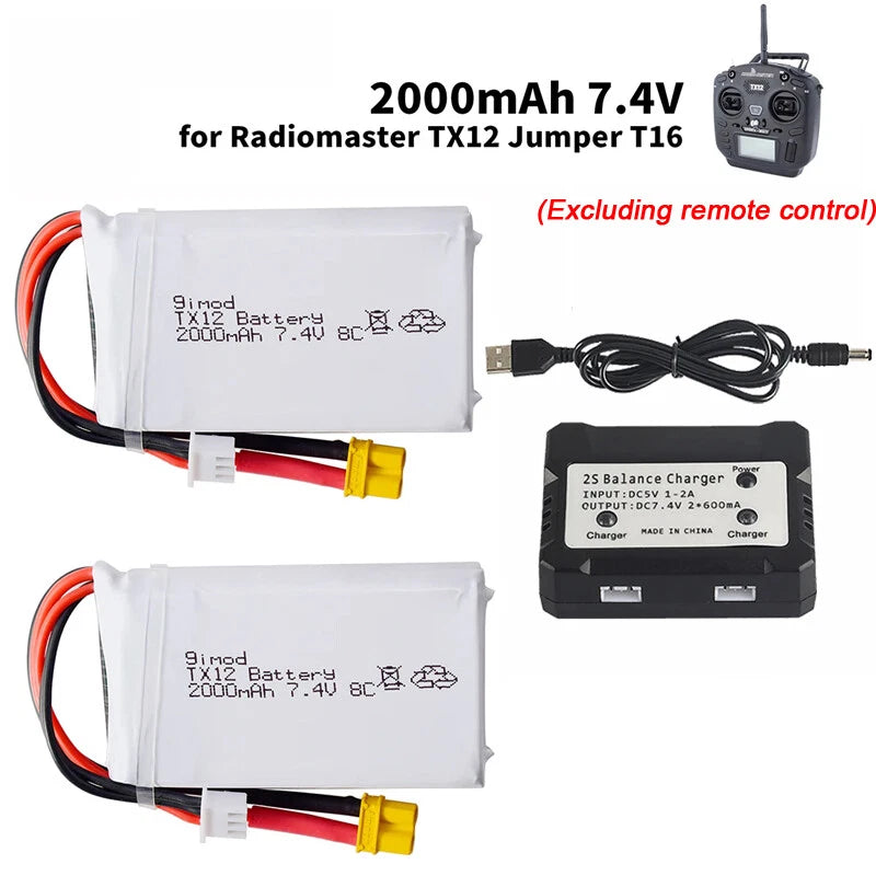 7.4V 2000mAh Lipo Battery with charger for OPENTX RadioMaster TX12 Jumper T16 RC Battery