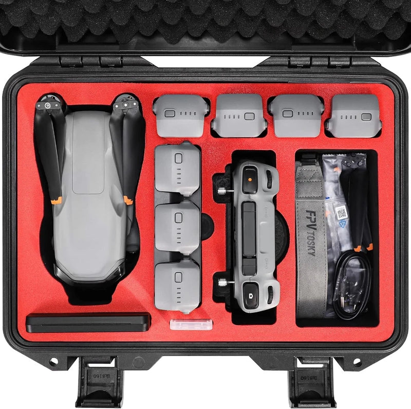 Hard case organizer with red foam inserts and compartments for drone accessories