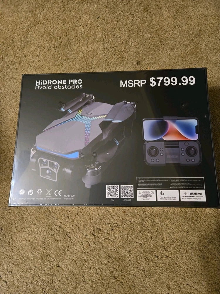 HiDrone Pro drone with HD camera retail box showing drone and remote controller