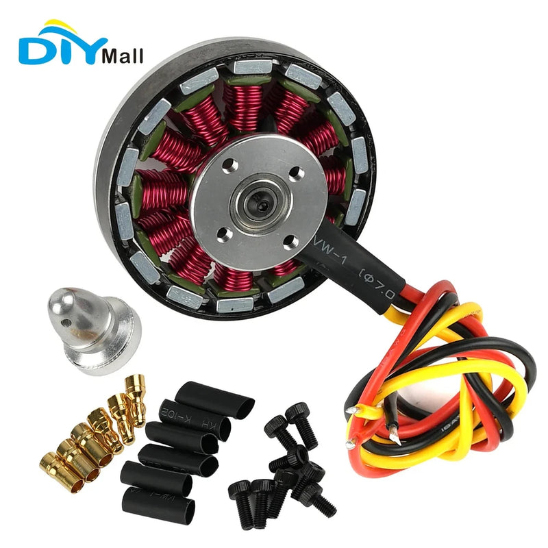 Drone brushless motor with red stator, circular housing, and multicolor wiring lead set