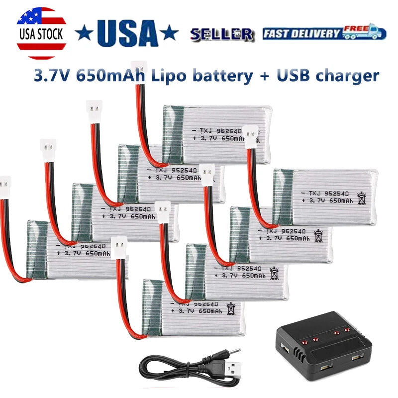 3.7V 650mAh Lipo Battery W/ USB Charger & Cable For RC Syma X5 Airplane Toys USA