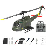 Green RC helicopter with controller and parts, UH-1 style, 1:48 scale