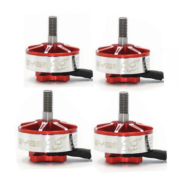 RC brushless motor set, four-pack, red and silver with black wire pigtails