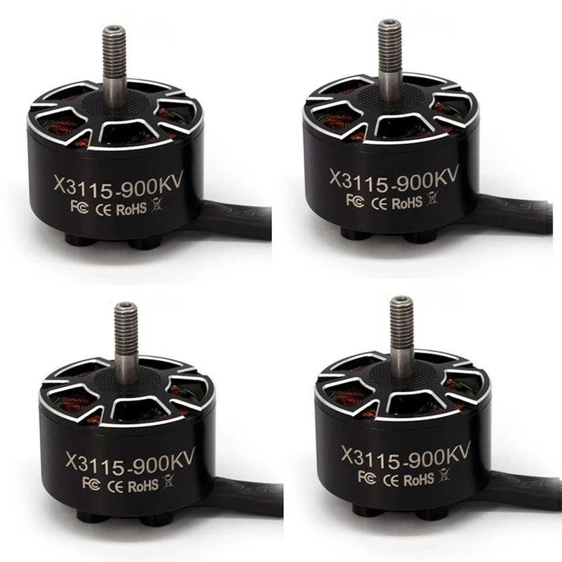 Set of four black X3115-900KV brushless RC motors with mounting shaft