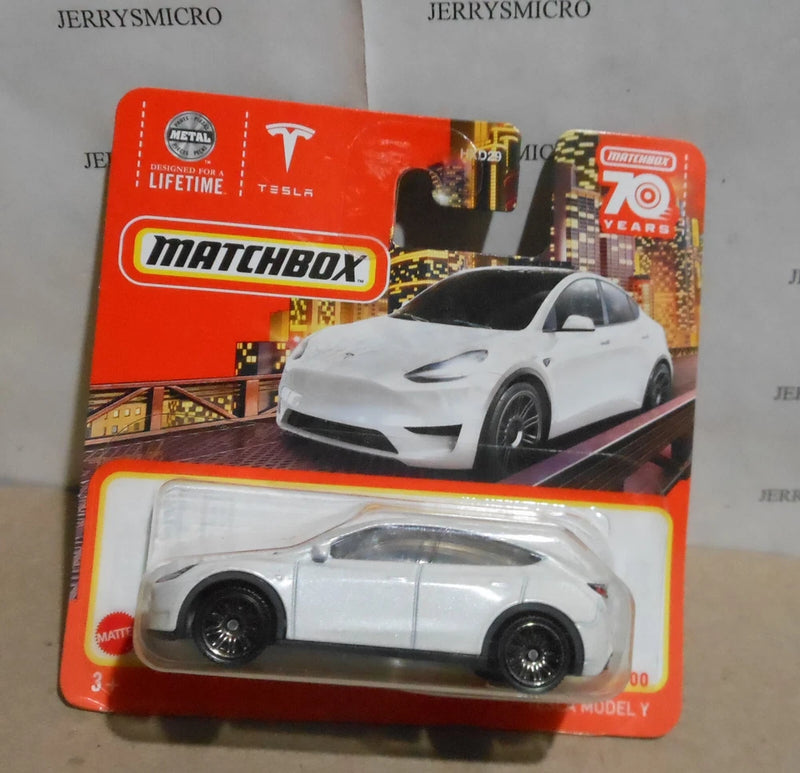 White Tesla Model Y Matchbox 70 Years die-cast car on blister card