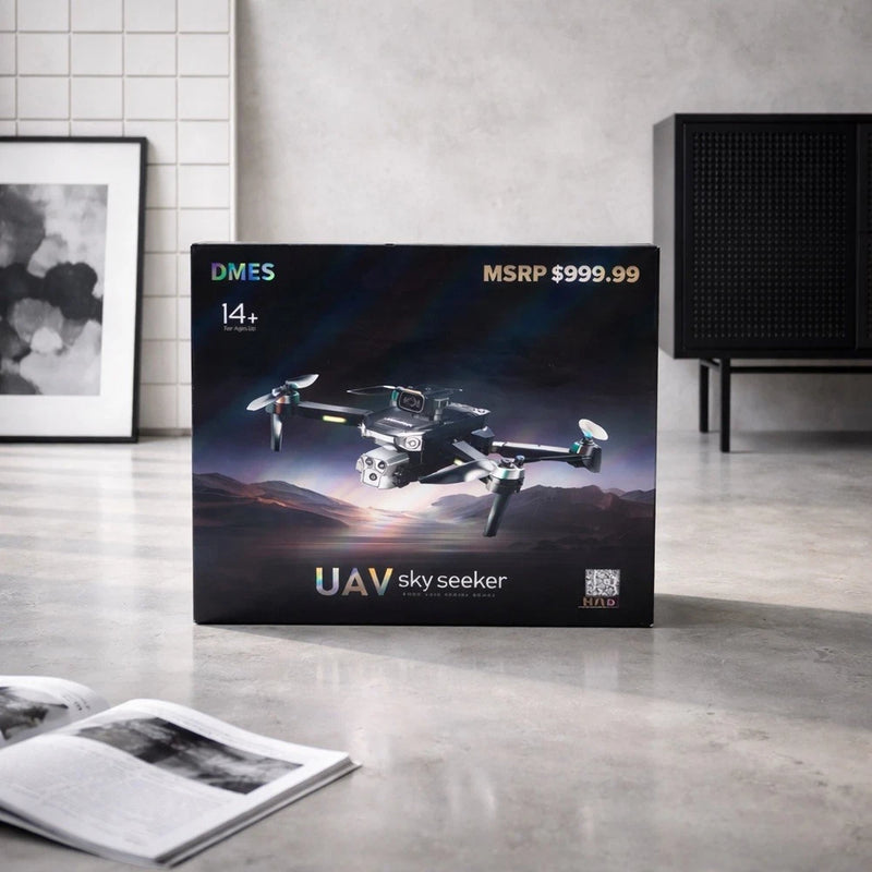 UAV sky seeker 4-axis drone box, with quadcopter illustration and label