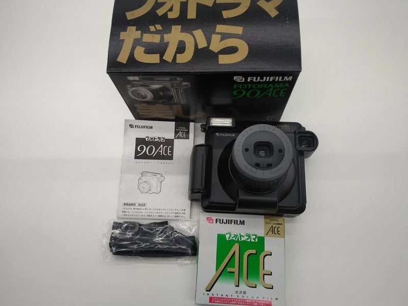 FUJIFILM FOTORAMA 90ACE film camera with built-in lens, plus included accessories