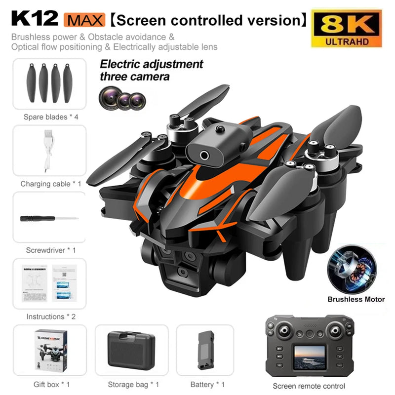 Orange-and-black K12 Max RC drone with 8K camera, brushless motors, and propellers
