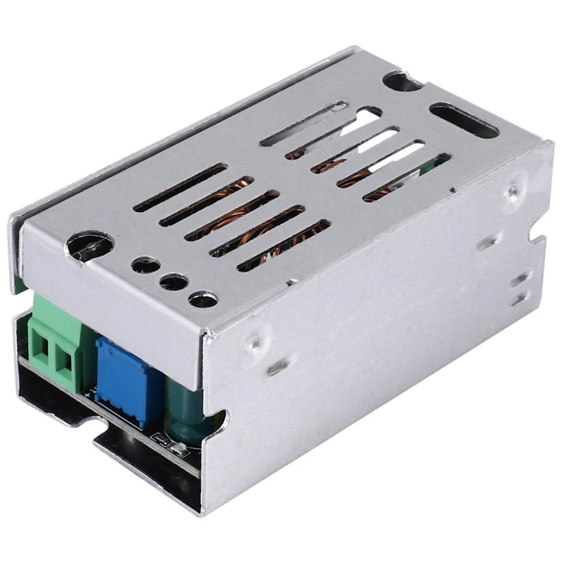 DC-DC step-down converter module with metal casing and green terminal block