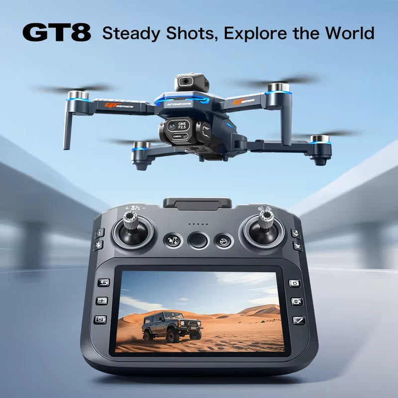 GT8 drone with dual cameras and remote controller, folding arms, built-in display