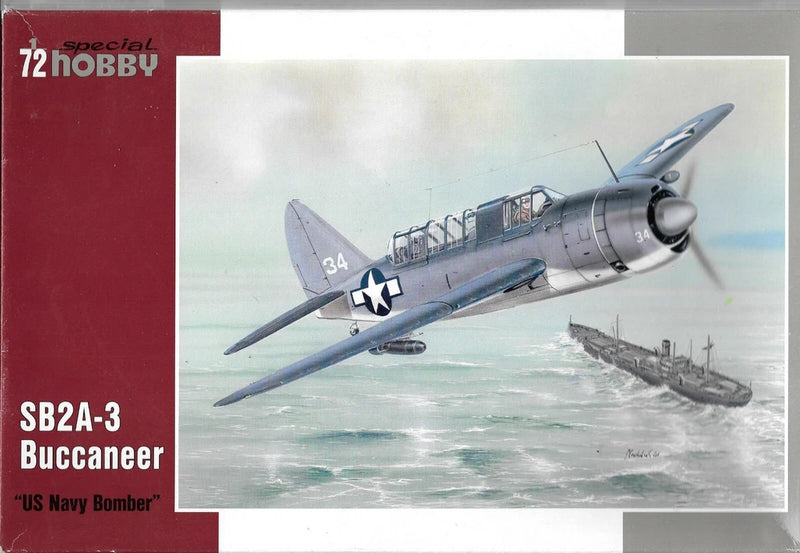 Gray SB2A-3 Buccaneer scale model aircraft with blue nose and star emblem on box art