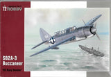 Gray SB2A-3 Buccaneer scale model aircraft with blue nose and star emblem on box art