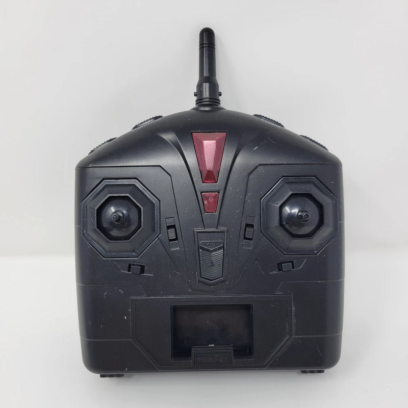 Black remote controller with antenna and red emblem, two thumbstick controls