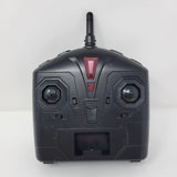 Black remote controller with antenna and red emblem, two thumbstick controls