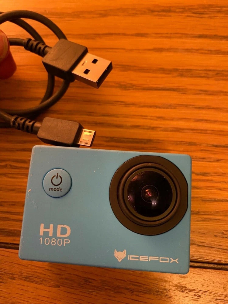 Blue HD 4k IceFox sports action camera and cable