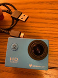 Blue HD 4k IceFox sports action camera and cable