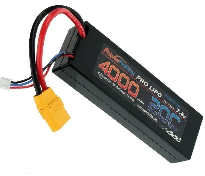 Power Hobby - 2S 7.4V 4000mAh 20C LiPo Battery Pack w/ XT90 Plug Hard Case Battery