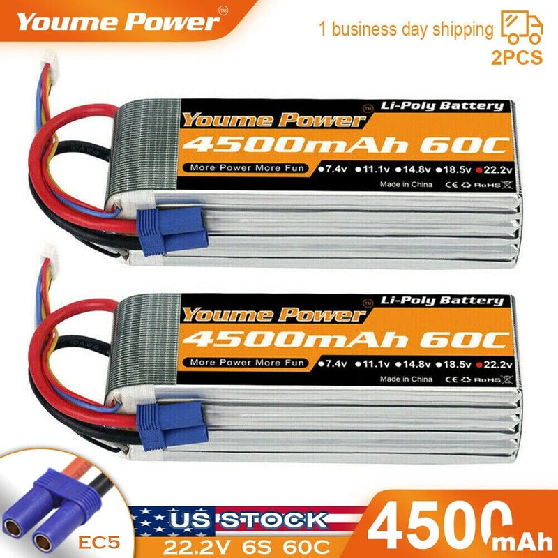 2pcs 22.2V 6S 4500mAh LiPo Battery 60C EC5 for RC Helicopter Airplane Car Truck Battery