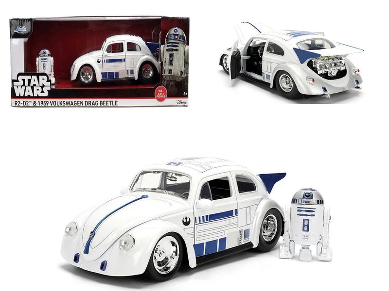 White 1:24 VW Drag Beetle model with R2-D2 figure, blue stripes, die-cast