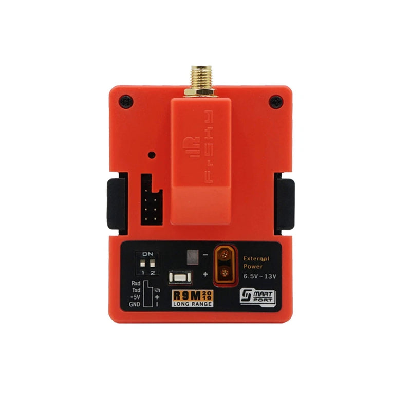 FrSky 900MHz R9M long-range RF module with orange housing and antenna connector