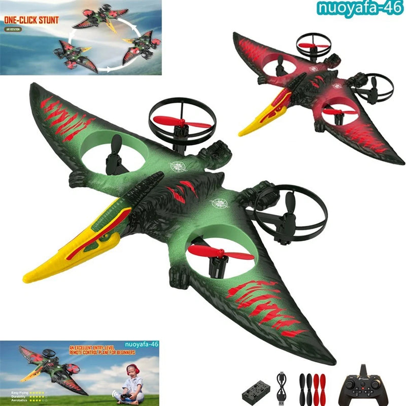 Green and red pterosaur RC stunt drone with four rotors and remote controller