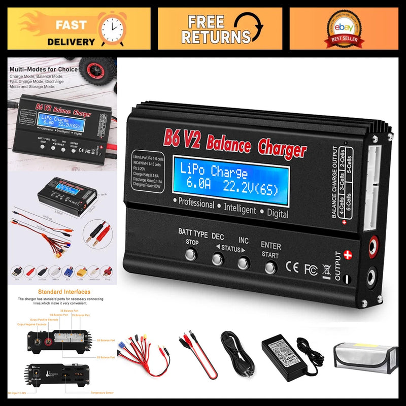 80W 6A LiPo Battery Charger - Fast Balance Charger for RC Cars, Drones & Toys Battery