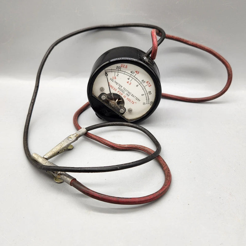 Vintage analog battery voltmeter with red/black leads and alligator clips