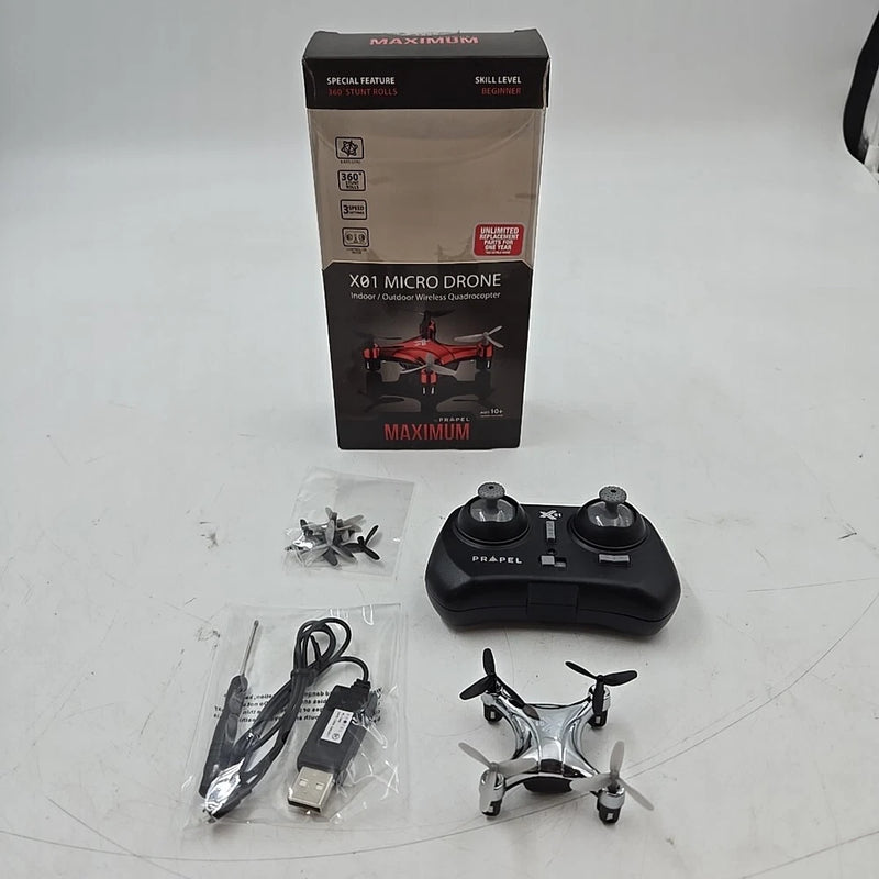 Propel micro quadcopter drone kit with controller, box, and extra accessories