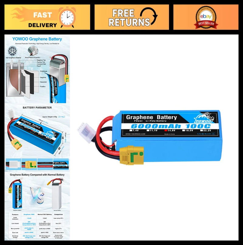 6000mAh 14.8V 100C Lipo Battery XT90-S Graphene for 1/8 RC Cars & Boats