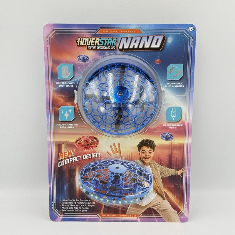 Blue UFO-style nano motion-controlled rechargeable drone shown on retail box