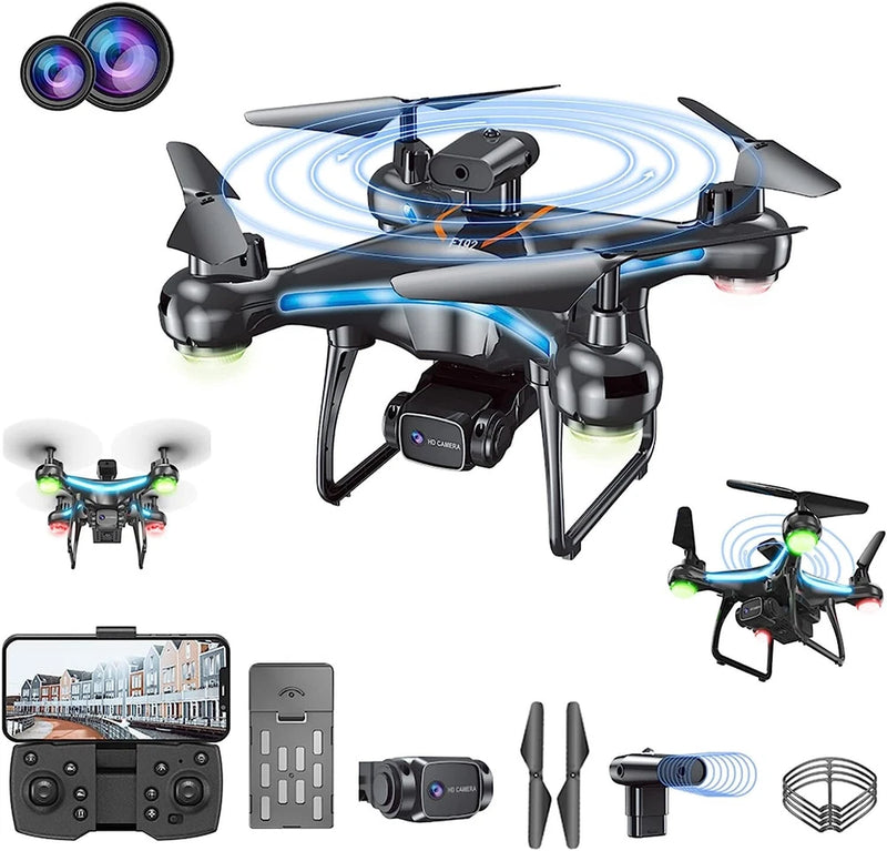 Mini RC quadcopter drone with blue LED lights and dual camera module, four propellers