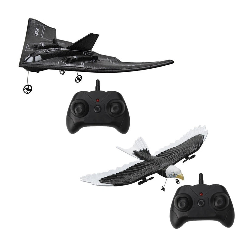 Black foam RC stunt airplane with handheld remote controller and spinning propellers
