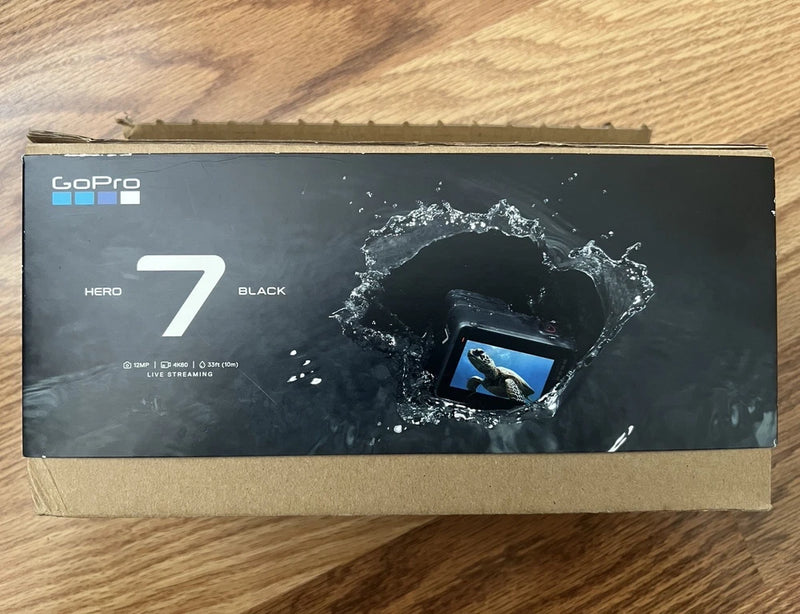 GoPro HERO7 Black action camera box with waterproof splash graphic