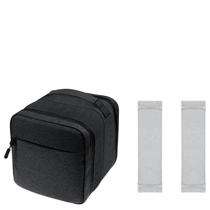 Black zippered storage bag with front pocket and two light gray fabric straps