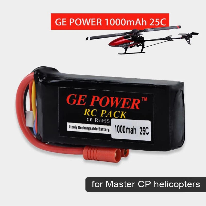 LiPo RC battery pack, black with GE POWER label and red banana plug connectors