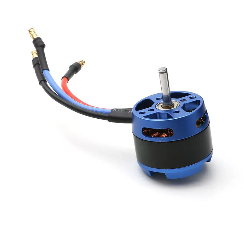 1100KV brushless RC motor with blue/black housing, prop shaft and wire leads