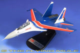 1:72 Su-30SM model jet on display base, blue and white with red stripes