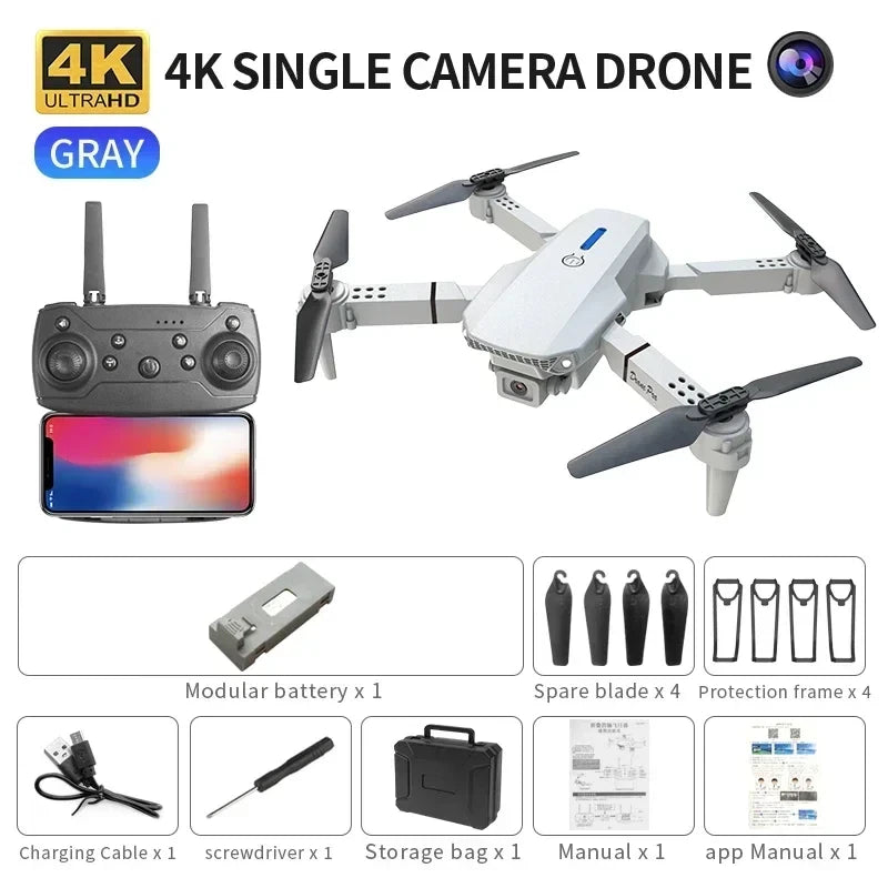 Gray foldable 4K single-camera drone with remote controller and spare accessories