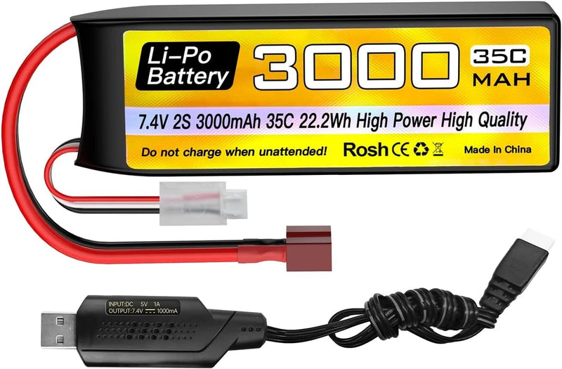 2S Lipo Battery 7.4V 3000mAh 35C with T Plug and USB Charging Cable Suitable
