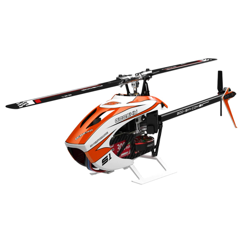 Orange RC helicopter with white body, black rotor mast, and landing skids (BNF)