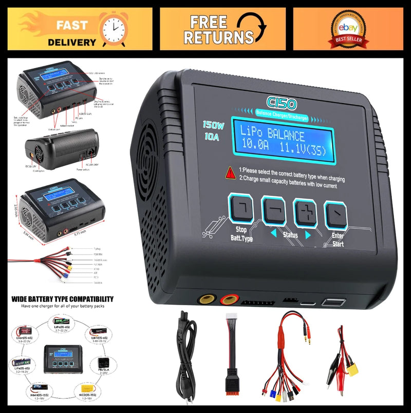 150W 10A Lipo Battery Charger, 1-6S Balance AC/DC for Li-Po, NiMH, NiCd, Pb - Co Battery