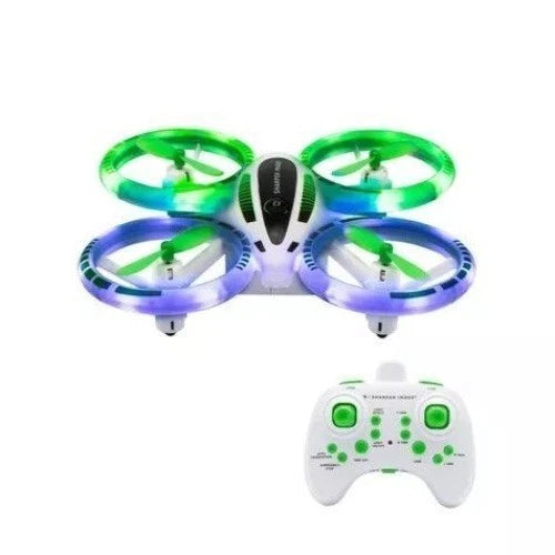 LED stunt drone with glowing green ring lights and matching remote controller