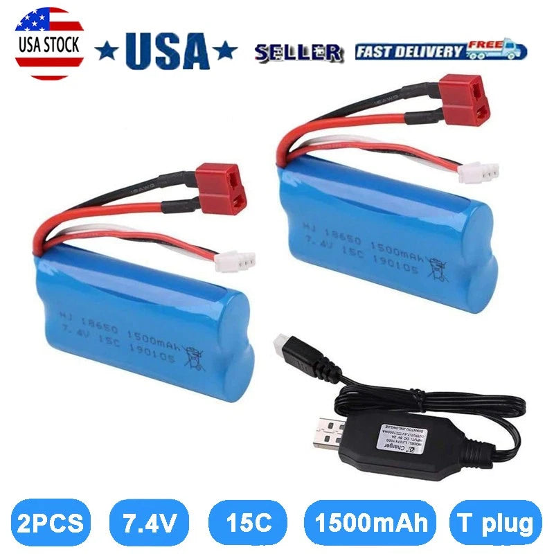 2Pcs 2S 1500mAh 7.4V Li-ion Battery Deans T Plug Charger For WLtoys 4WD RC Car